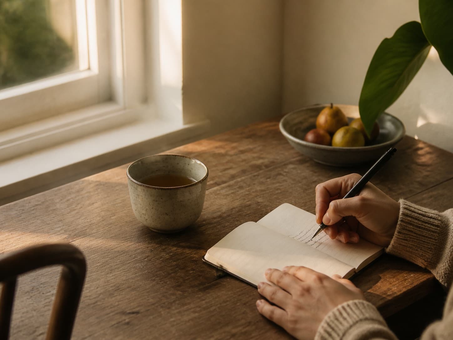 Hands writing in a notebook beside herbal tea on a sunlit kitchen table