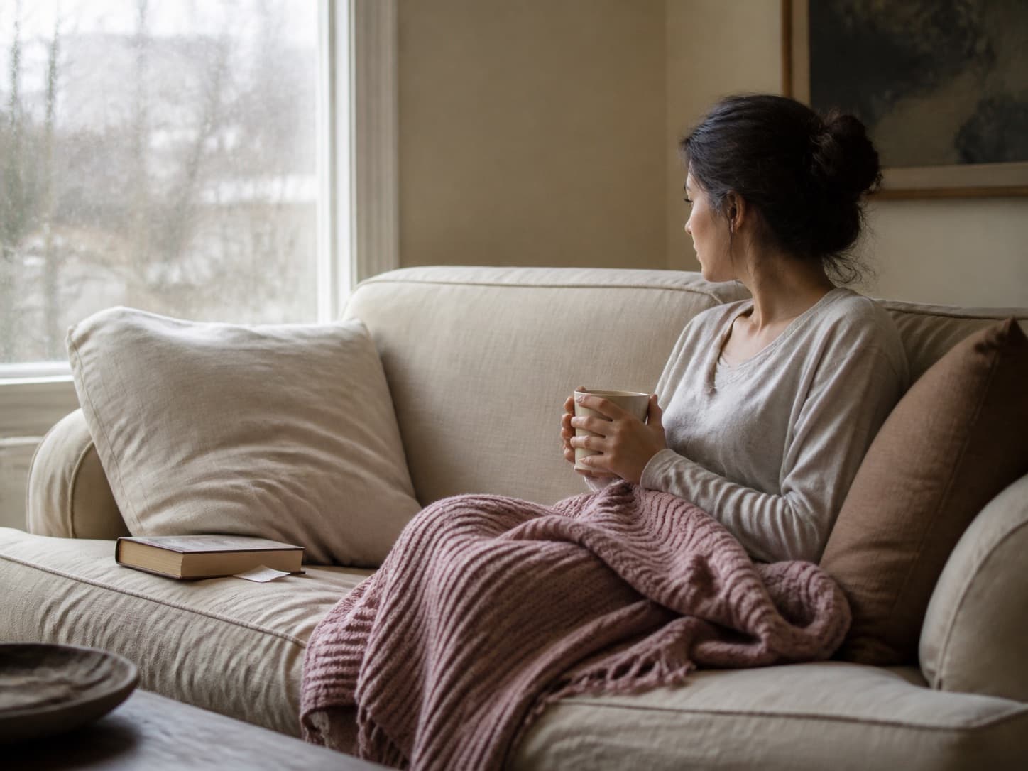 Woman resting on a sofa with a warm drink and a rose knit throw on a rainy afternoon
