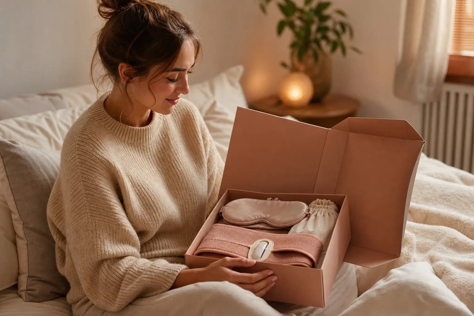 Woman opening a warm self-care gift box with comfort products