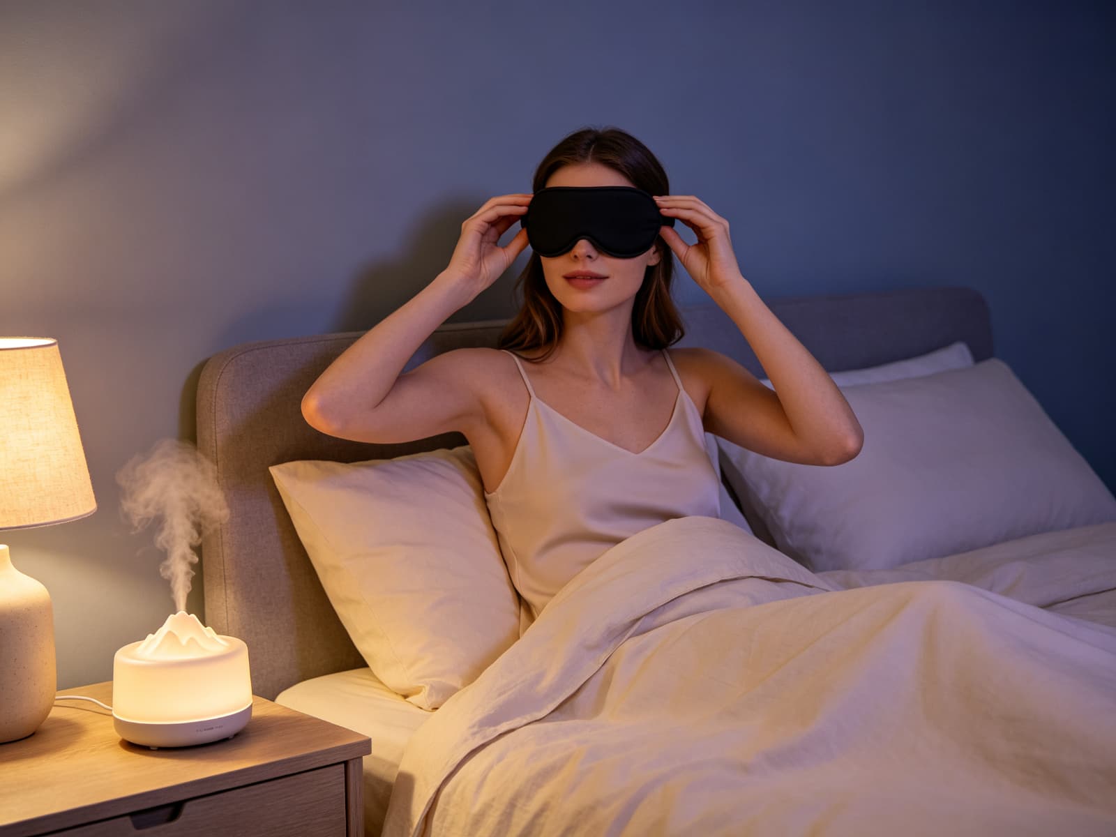 Woman preparing for bed adjusting her sleep mask
