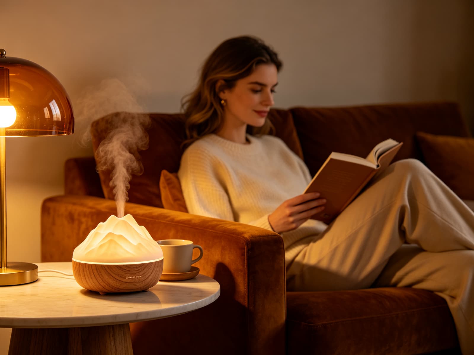 Woman reading on sofa in evening with aroma diffuser