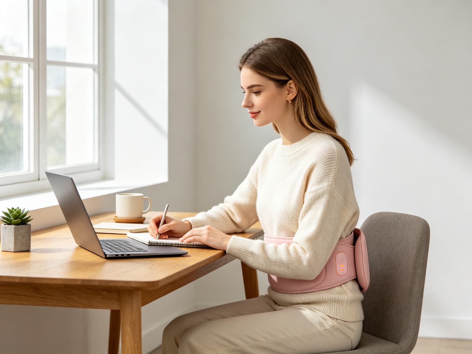 Woman working from home wearing heating belt