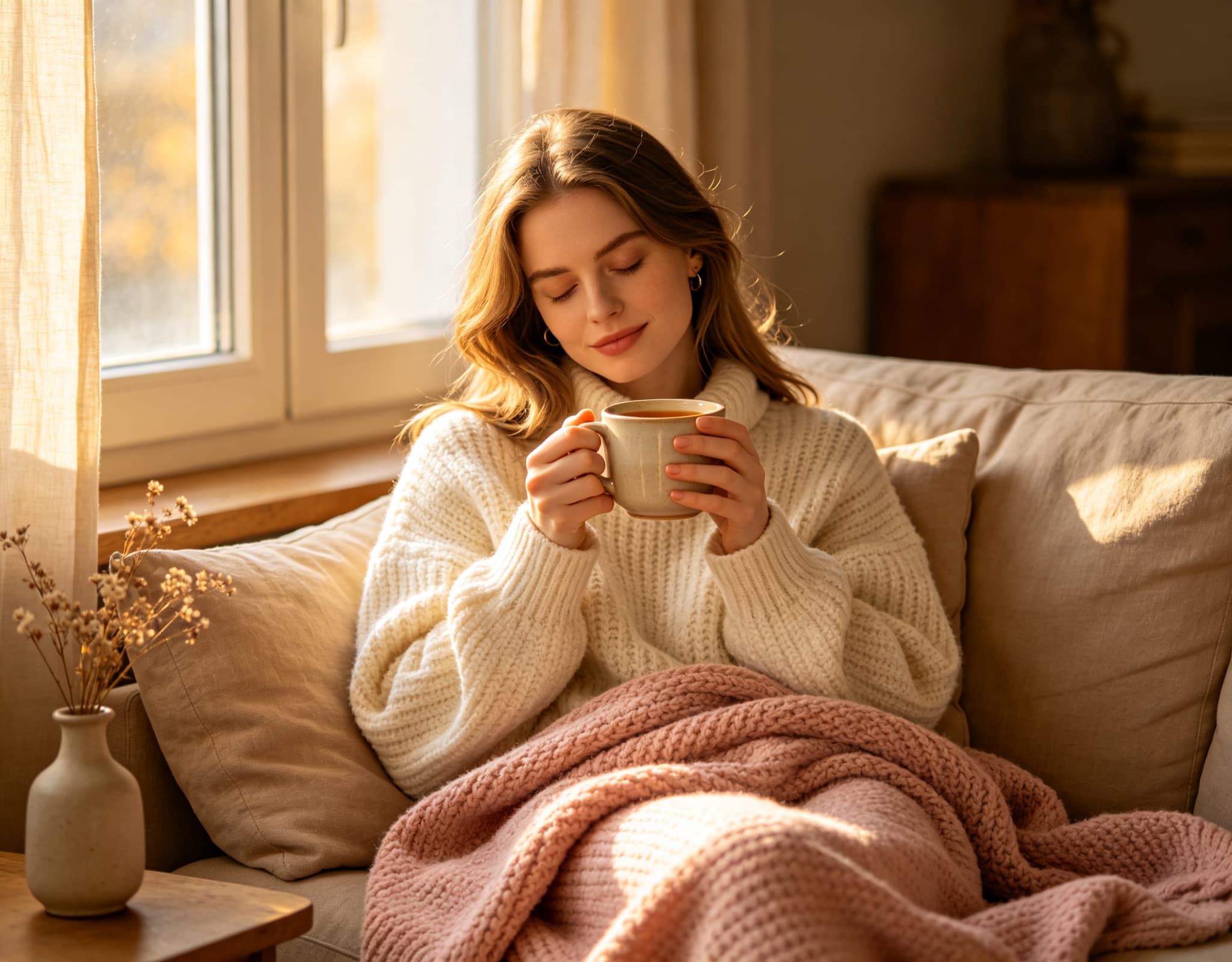 Woman resting with warm tea during a quiet self-care moment in golden sunlight