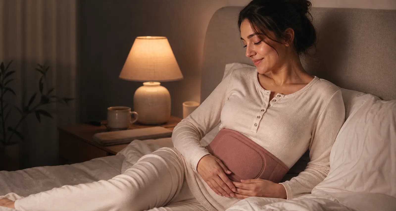 Woman resting in a warm bedroom while wearing a period comfort heating belt