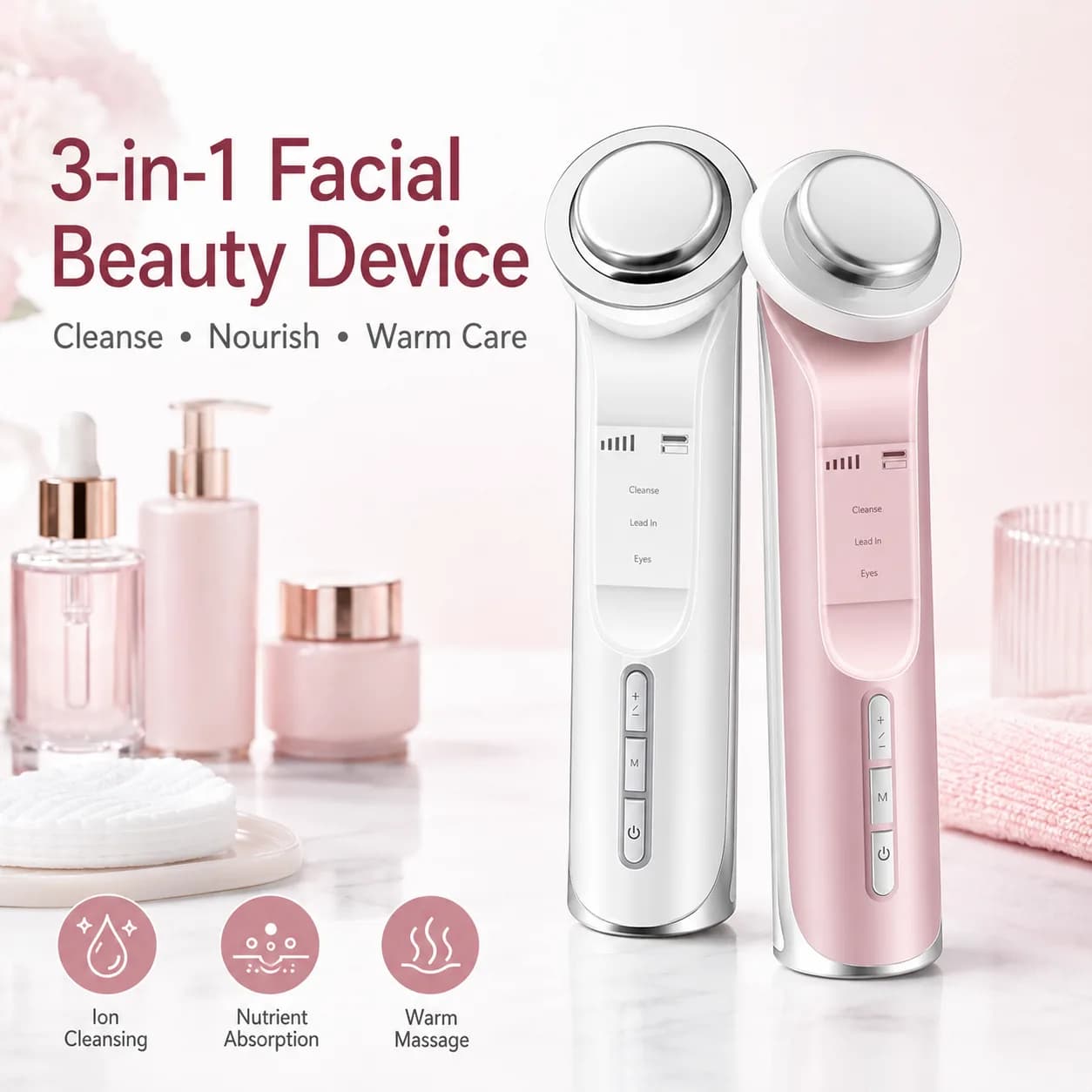 KD9960 3-in-1 Facial Beauty Device in elegant white and soft pink